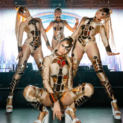 Gold mirror bodysuit sexy party girl dance jumpsuit burning man festival stage singer gogo dancer costume