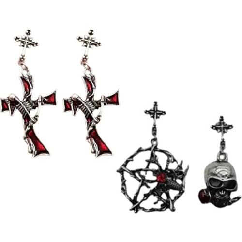 1 Pair Women Gothic Earrings Punk Style Cross Pattern Metal Red Rhinestone Ear Pendant Drop Dangle Jewelry