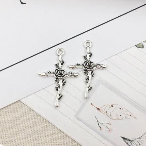 20pcs Flower Cross Charms 24mm x 35mm DIY Jewelry Making Pendant antique silver color