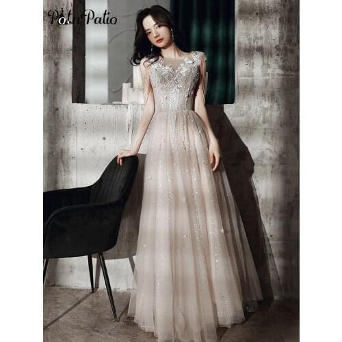 Long Evening Dresses With Beading Tassel 2020 Elegant O-neck Appliques Sequined Tulle A-line Floor-length Gala Formal Gowns