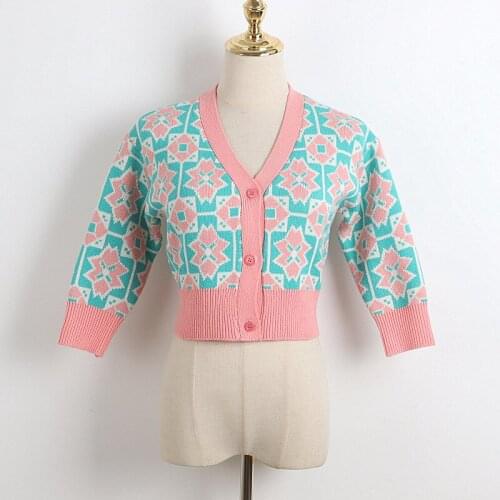2021 Spring Sweater V Neck Cardigan Flora Pink Sweater Womens High Quality Kint Sweater