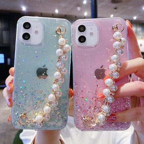 Glitter Pearl Wrist Chain Strap Phone Case For iPhone 11Pro 12 Pro Max 12Mini XR XS Max X 7 8 Plus Sequin Clear Soft Epoxy Cover