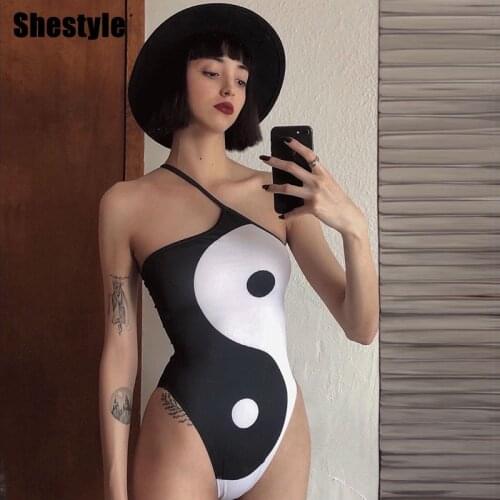 Shestyle Panelled One Shoulder Body for Women Black White Sleeveless Slope Neck Beachwear Clubwear Summer Bodycuits Outfits