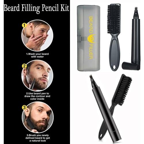 Beard Filling Pen Kit Barber Pencil With Beard Brush Facial Hair Engraving Eyebrow Male Mustache Repair Shape Fathers Day Gifts