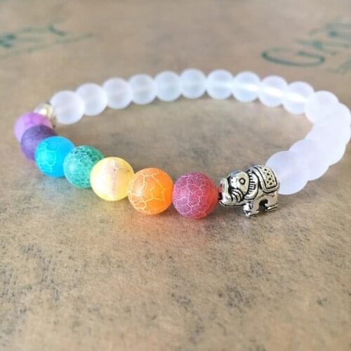 Men Women Chakra Elephant Charm Beaded Bracelet 8MM White Matte Colorful beaded bracelet Yoga Energy Bracelet Jewelry