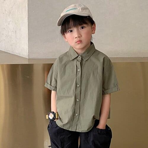 Childrens wear 2021 summer new childrens short sleeve solid color top pure cotton mens shirt