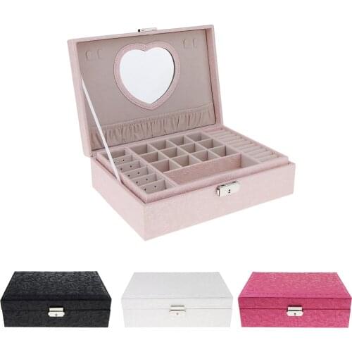 PU Leather Double Layer Jewelry Box Storage with Heart Shape Mirror
