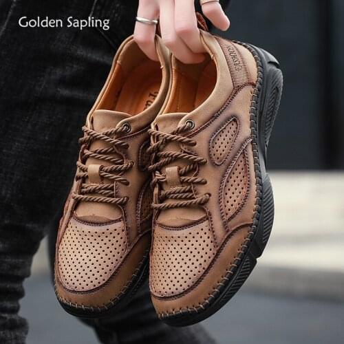 Golden Sapling Classic Casual Shoes Men Breathable Leather Flats Hollow Design Leisure Summer Mens Shoe Vintage Formal Footwear