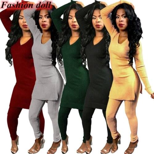 Elegant sexy two piece set top and pants autumn outfits tracksuit women sweater ribbed office lady ensemble femme dos piezas