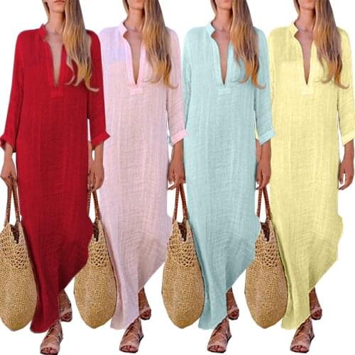 Summer B Beach Long Women Dresses Linen Loose Dress Sexy V-Neck High Slit Bodycon Wrap Maxi Party Dress Ruffle Robe Femme