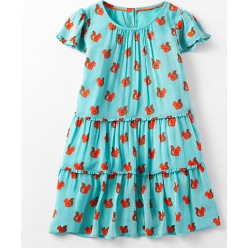 Little Maven New Summer Kids Lake Blue Squirrel Printed O-neck Tiered Girls 2-7yrs Short-sleeved Cotton Knitted Casual Dresses