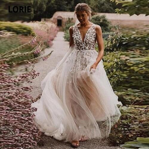 LORIE 2020 Tulle Wedding Dresses Boho A-line Bridal Gown V-neck Sleeveless Beach Wedding Gowns 3D Appliques Princess Party Dress