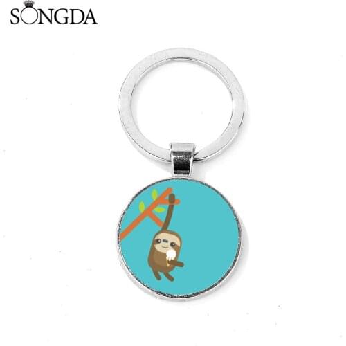 Cute Cartoon Animal Sloth Bradypod Keychain For Friends Gifts Silver Color Zinc alloy Bags Hot Key Ring Keyrings Glass Cabochon