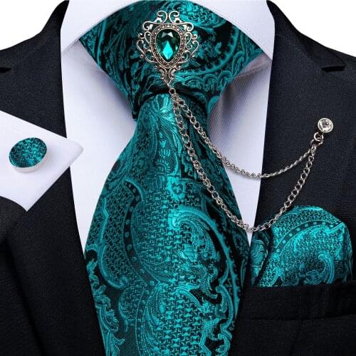 New Design Teal Blue Paisley Floral Silk Ties 8cm Mens Wedding Party Business Necktie Hanky Brooch Cufflinks Set Cravat DiBanGu