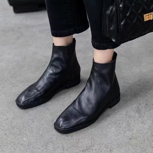 Chelsea natural leather Boots Womens New Style for Autumn and Winter Back Zip Ankle Boots Flat Low-Cut Casual Boots
