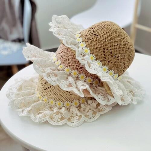 2021 Summer Girls Straw Hat Baby Hat Sunscreen Children Sun Hat Big Brim Lace Straw Hat Sun Hat
