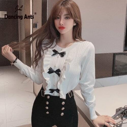 Autumn Women Knitted Sweaters O-Neck Long Sleeve Colorblock Cardigans Single-Breasted Bow Ruffles Casual French Woman Sweater