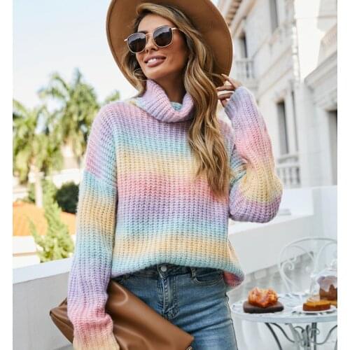 2021 Fashion Women Colorful Printing High Neck Sweaters Pullovers Casual Winter Warm Womens Girls Long Sleeve Loose Sweater