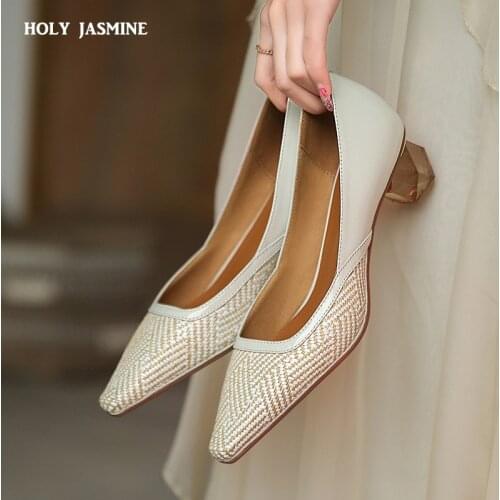 2021 Spring Fashion Women Low Heels Pumps for Girls Genuine Leather Square Toe Shoes Woman Working Office Lady Shoes for Women