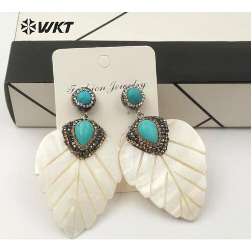 WT-RE086 WKT Natural Shell Leaf Shape Earrings Shell Earrings With Turquoises Charm Rhinestone Pave Earrings Women Earrings
