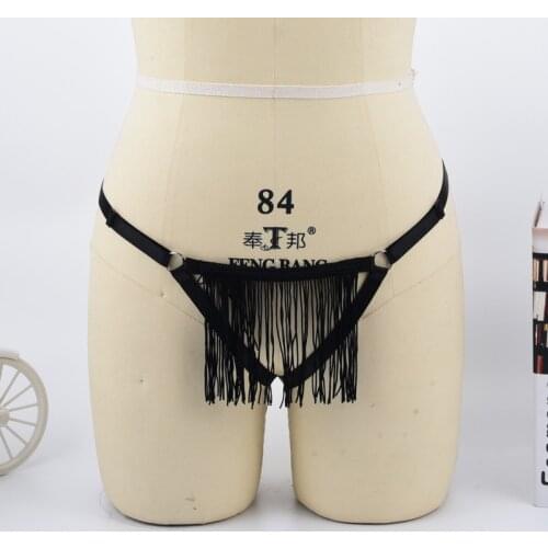 Womens Black Bottom Harness Panties Female Lace Tassel Thongs G-string Low Waist Briefs Strappy Underwear Sexy Lingerie L0018