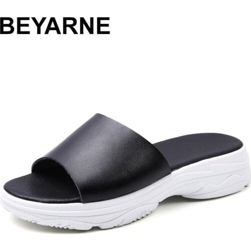 BEYARNE Split Leather Summer Women Slippers Without Lace Up Wedge Shoes Women Beach Slippers Shoes Light Indoor Outdoor Ladies