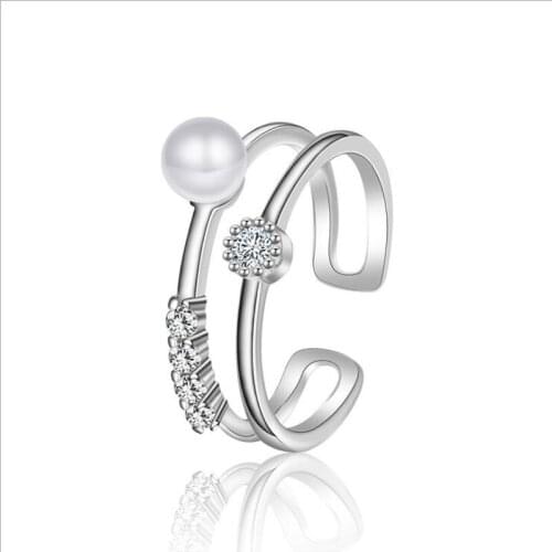 KOFSAC New Fashion 925 Sterling Silver Rings For Women Wedding Party Shiny CZ Pearl Double layer Opening Ring Jewelry Girl Gifts