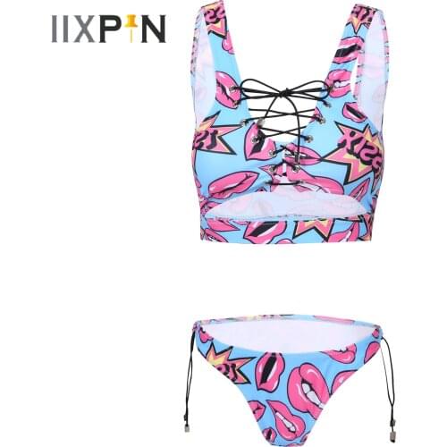 Womens Sexy Lingerie Swimsuit Two-Piece Lace-Up Lips Printed Swimwear Beachwear Bathing Suit Padded Bra Tank Top with Briefs
