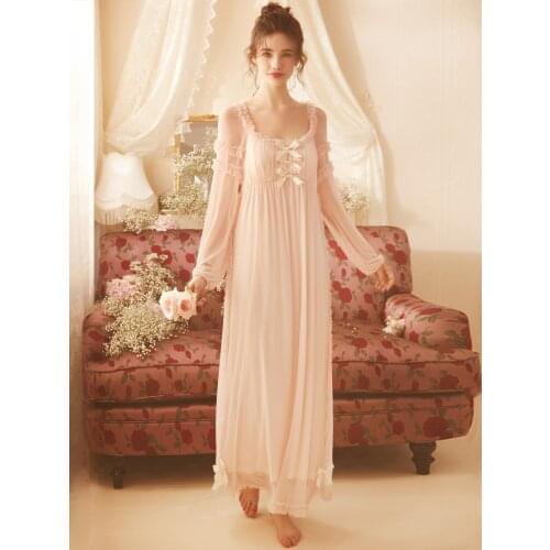 Free Shipping 2021 New Princess Nightdress Womens Long Sweet Nightgown Lace Sleepwear Modal Pink Soft Nightshirt