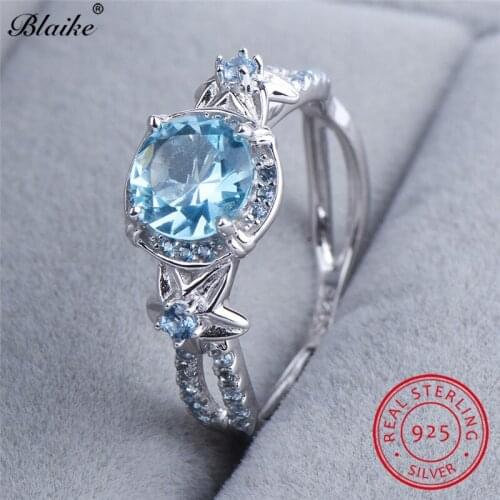 Blaike Round Aquamarine Star Flower Rings For Women Genuine S925 Sterling Silver Lake Blue Zircon Ring March Birthstone Jewelry