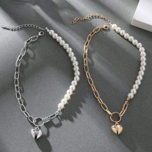 DIEZI Fashion Korean Imitation Pearl Choker Necklace Women Gold Silver Color Heart Pendant Necklaces Hip Hop Statement Jewelry