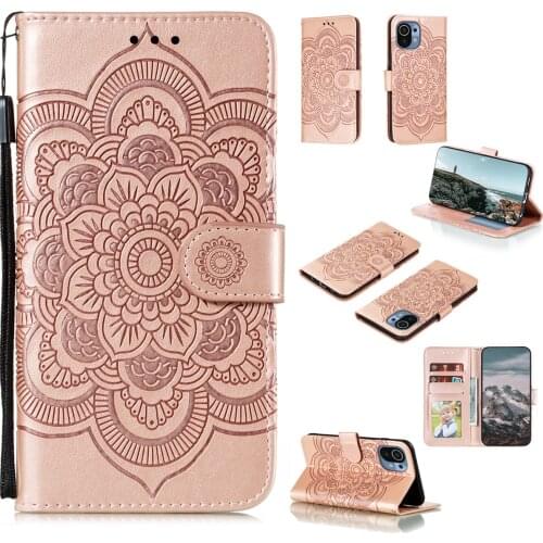 Datura Flower Embossed Pu Leather Phone Case for Xiaomi 11 Card Slot Wallet Photo Frame Kickstand Back Cover