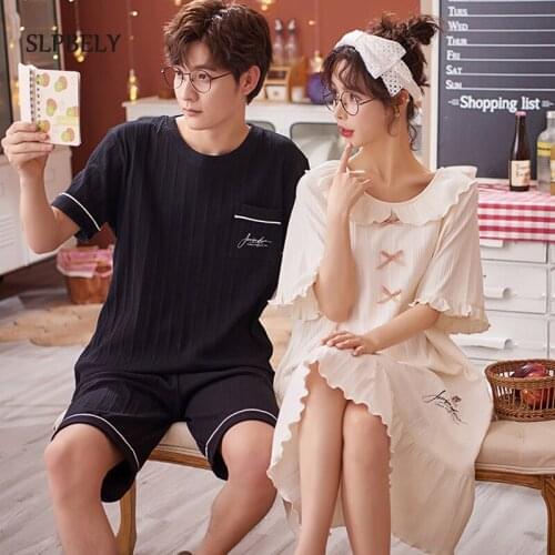 SLPBELY Cotton Couple Pajamas Homesuit Summer Casual Lovely Lapel Men Women Nightdress Men Pyjamas Lover Homewear Mujer Pijama