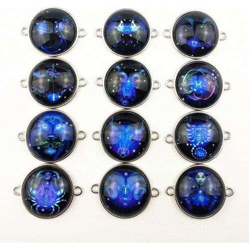 Jiangzimei 30pcs 12 constellations,universe, space Image Glass Cabochon with zinc alloy bottom bracelet necklace Jewelry making