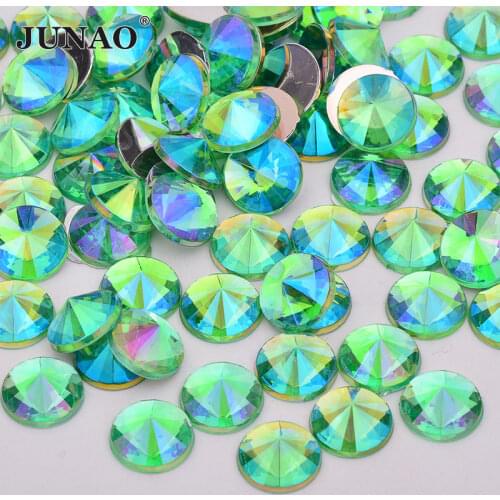 JUNAO 4 5 6 10mm Green AB Satellite Rhinestone Round Non Sewing Crystal Stones Acrylic Flatback Strass Applique For DIY Clothes