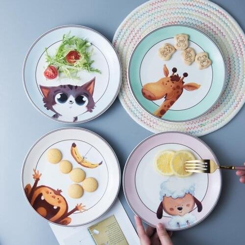 4 PCs Ceramic New round Plate Household Creative Western Plate Cute Cartoon Childrens Tableware Childrens Dinner Plate