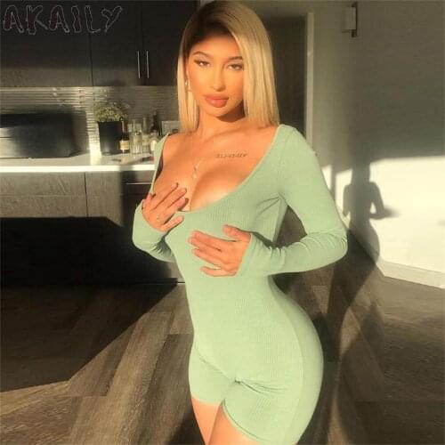 Akaily Summer Streetwear O Neck Long Sleeve Backless Rompers Womens Jumpsuit Shorts Solid Basic Playsuit Female Casual Outfit