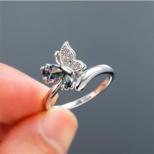 Mystic Rainbow Zircon Cute Butterfly Ring White Gold Multicolor Crystal Engagement Rings For Women Wedding Bands Animal Jewelry