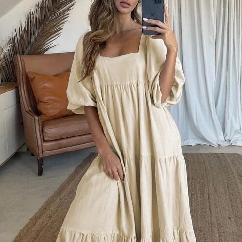Fashion Womens Solid Colors Lantern Sleeve Short Sleeve Square Collar Casual Beach Party Loose Long Dress Sundress Vestidos#35