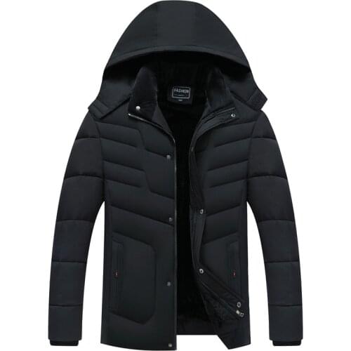 Mens Winter Jacket Thicken Fleece Warm Coat Hat Detachable Parkas Simple Hem Practical Windproof Jacket Large Size 5XL Menswear