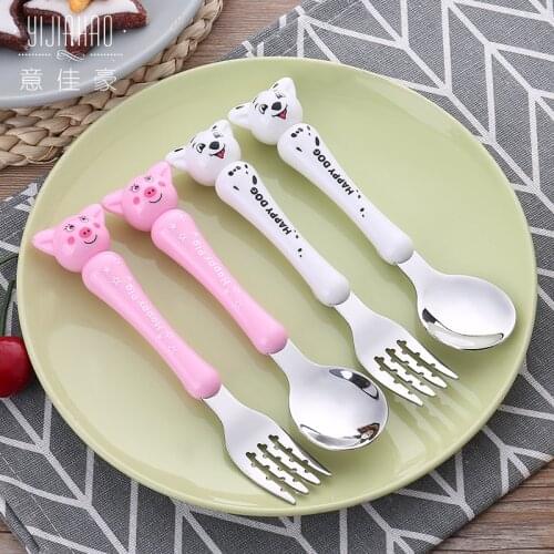 Baby Tableware Set Children Utensil Stainless Steel Toddler Dinnerware Cute Cartoon Pig Dog Infant Food Feeding Spoon Fork