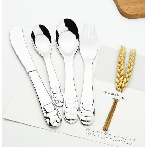 Panda Cartoon Pattern 304 Dinnerware Set Cutlery Spoon Fork Knife Stainless Steel Kids Learning Eating Habit Children Tableware