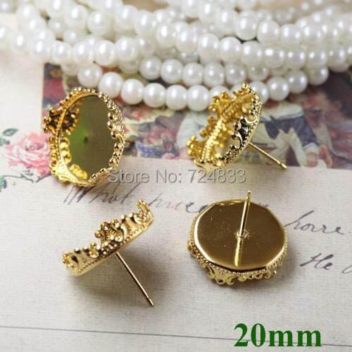 20mm New Golden Plated Brass Blank Bases Round Crown Bezel tray Cabochon Pin Stud Earrings Post Settings Findings Wholesale
