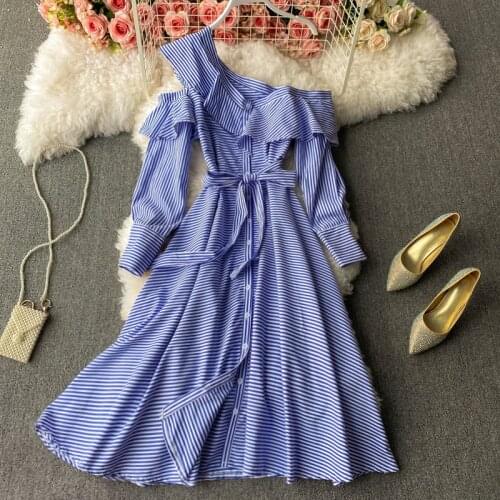 Amolapha 2021 Summer Womens Off Shoulder Sexy V-neck Stripe Button Lace-Up Decorative Big Swing Dress Female Vestidos