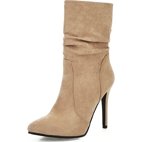 Casual sexy pointed toe autumn mid-calf boots flock plaid slip-on black gray apricot high heel stiletto riding boots women shoes