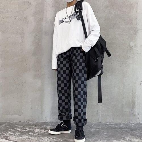 Harajuku Checkerboard Jeans Women Vintage Washed Jeans Streetwear Jeans Loose High Waist Pants Fashion Men Jeans Cotton