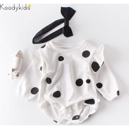 Koodykids Spring Autumn Baby Girl Bodysuits Korean Style Polka Dot Cotton Rompers With Headband Toddler Girl Rompers 2021