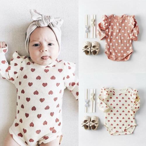Spring Autumn Baby Clothing Baby Girls Ribbed Clothes Ruffle Hearts Jumpsuit Newborn Fly Long Sleeve Bodysuit Girl Outfit