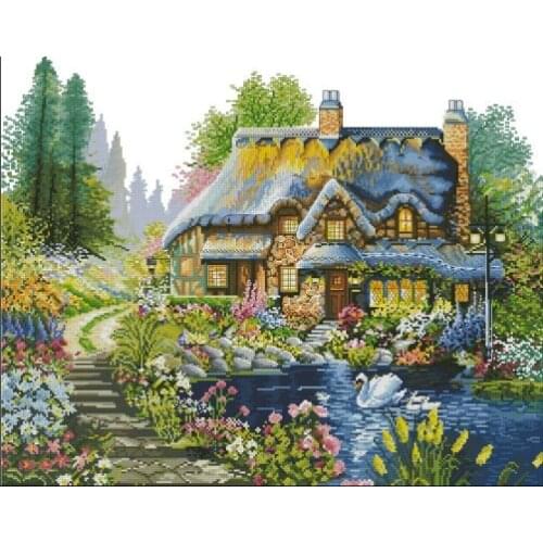 Top Quality romantic lovely counted cross stitch kit house home cottage swan lake