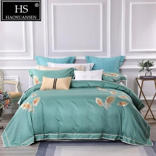 High-end Peacock Feather Embroidery 4pcs Bedding Sets Cotton Green 650 Thread Count Duvet Cover Bed Sheet Set Queen King Size